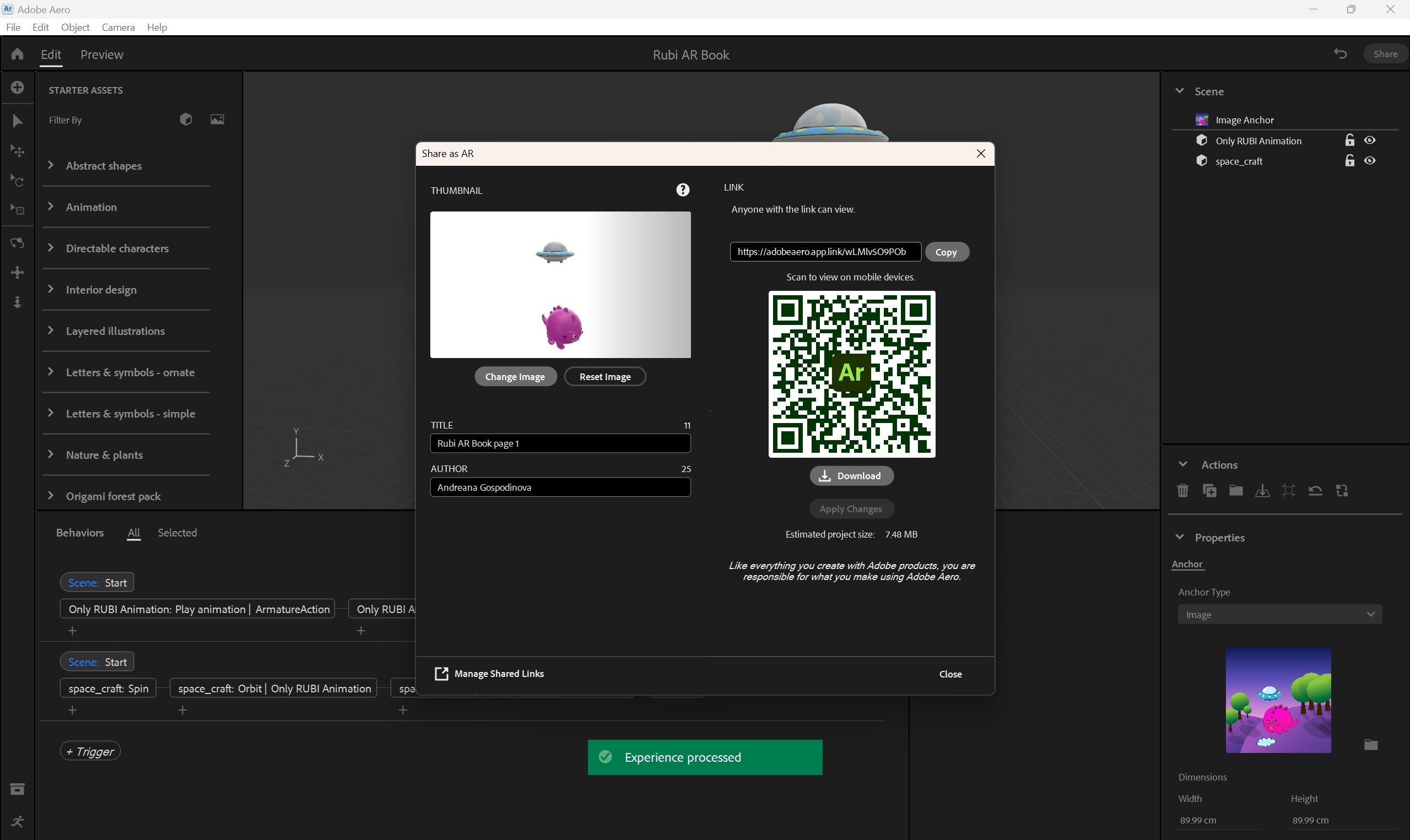 Figure 15.12 – Exporting the animation and creating QR code for the first spread of the AR book experience, highlighting the finalization process for AR integration.