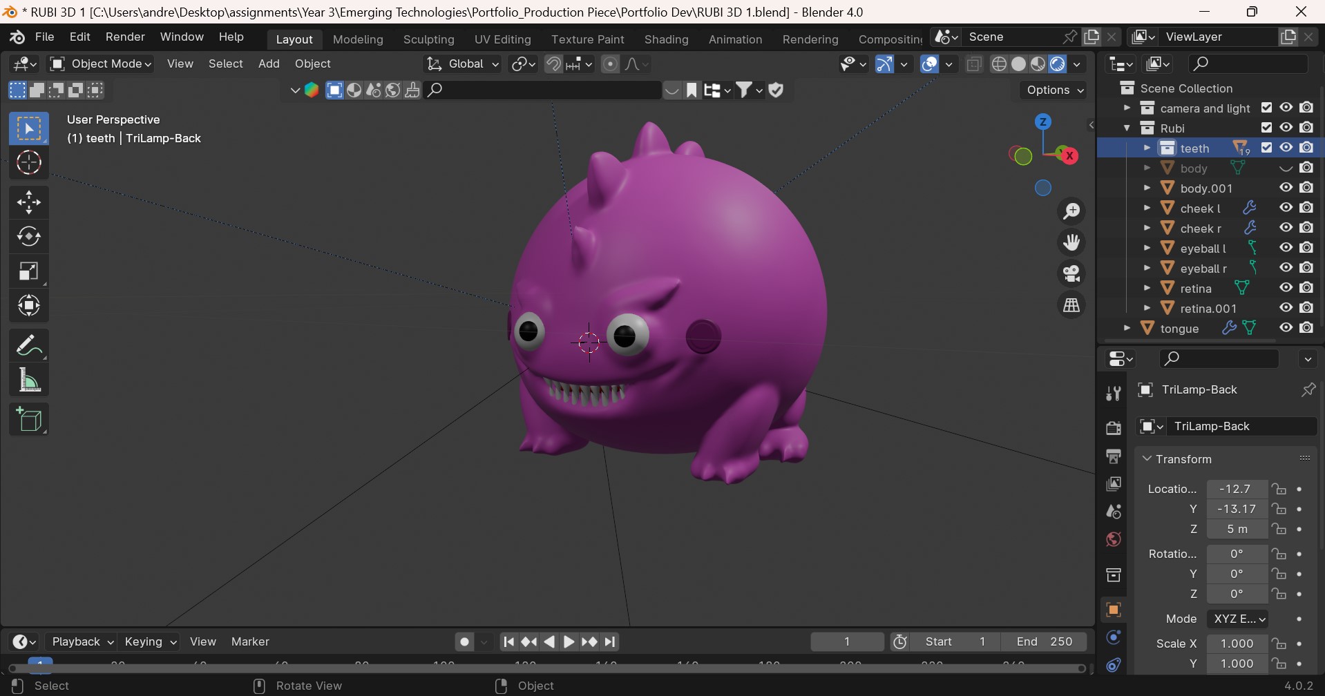 Figure 15.6 – Adjusting the shape and materials of the main character in Blender for the final AR book experience, demonstrating software proficiency.