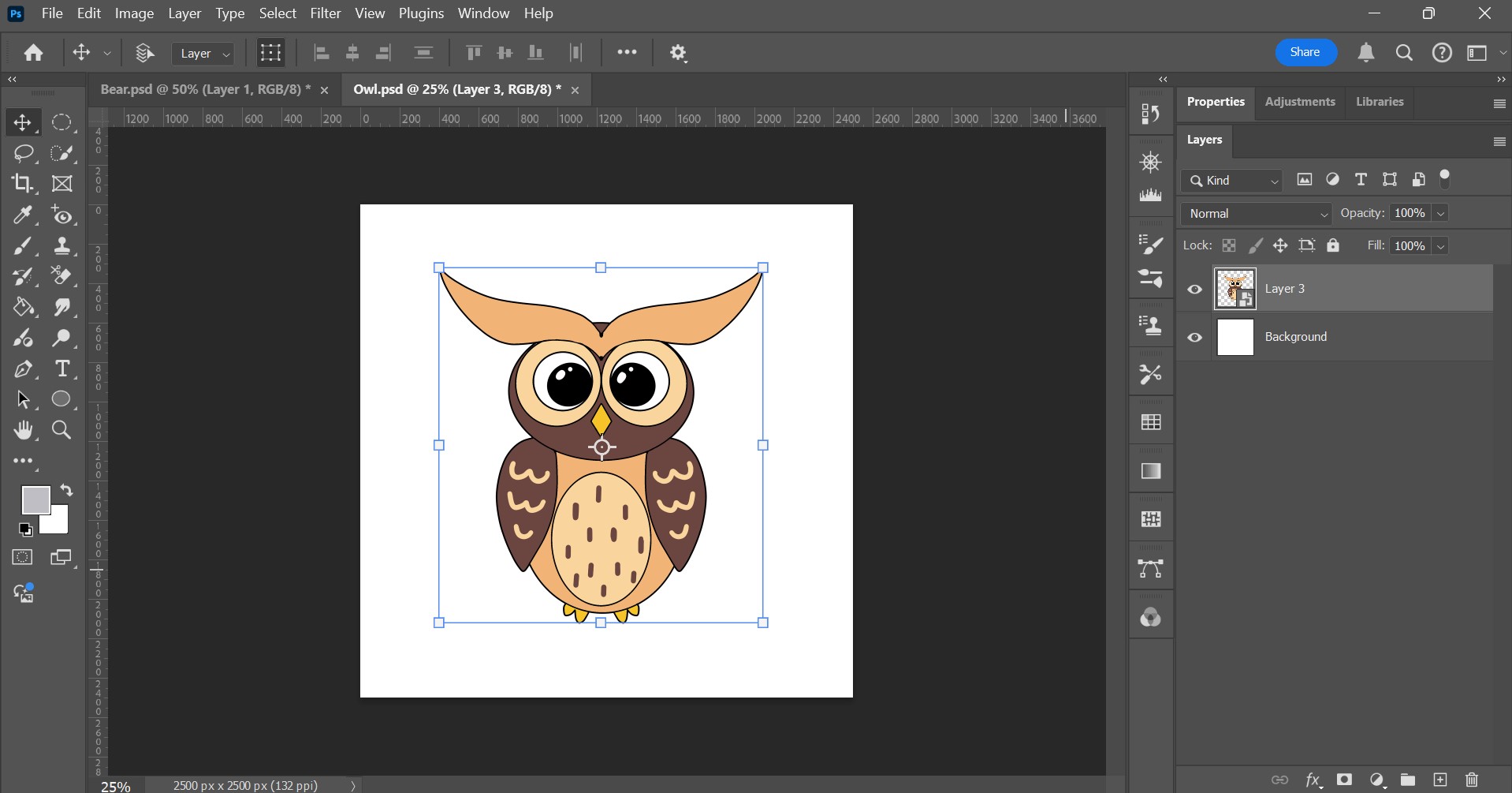 Figure 15.3 – Owl character design imported from Procreate and refined in Photoshop for the final AR book experience, showcasing software proficiency.