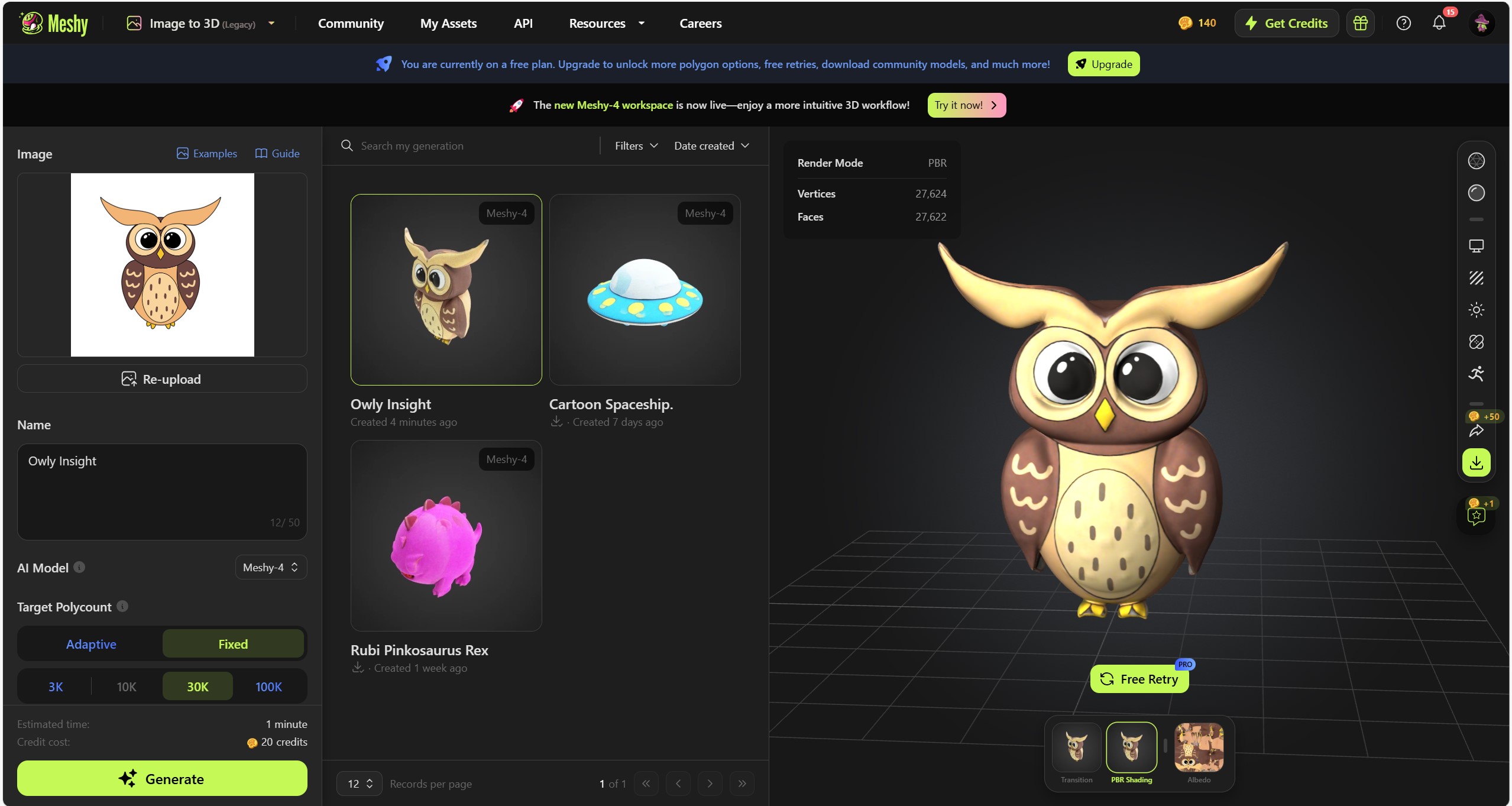 Figure 15.13 – Development of the 3D Owl character in Meshy for the final AR book experience, demonstrating software proficiency.