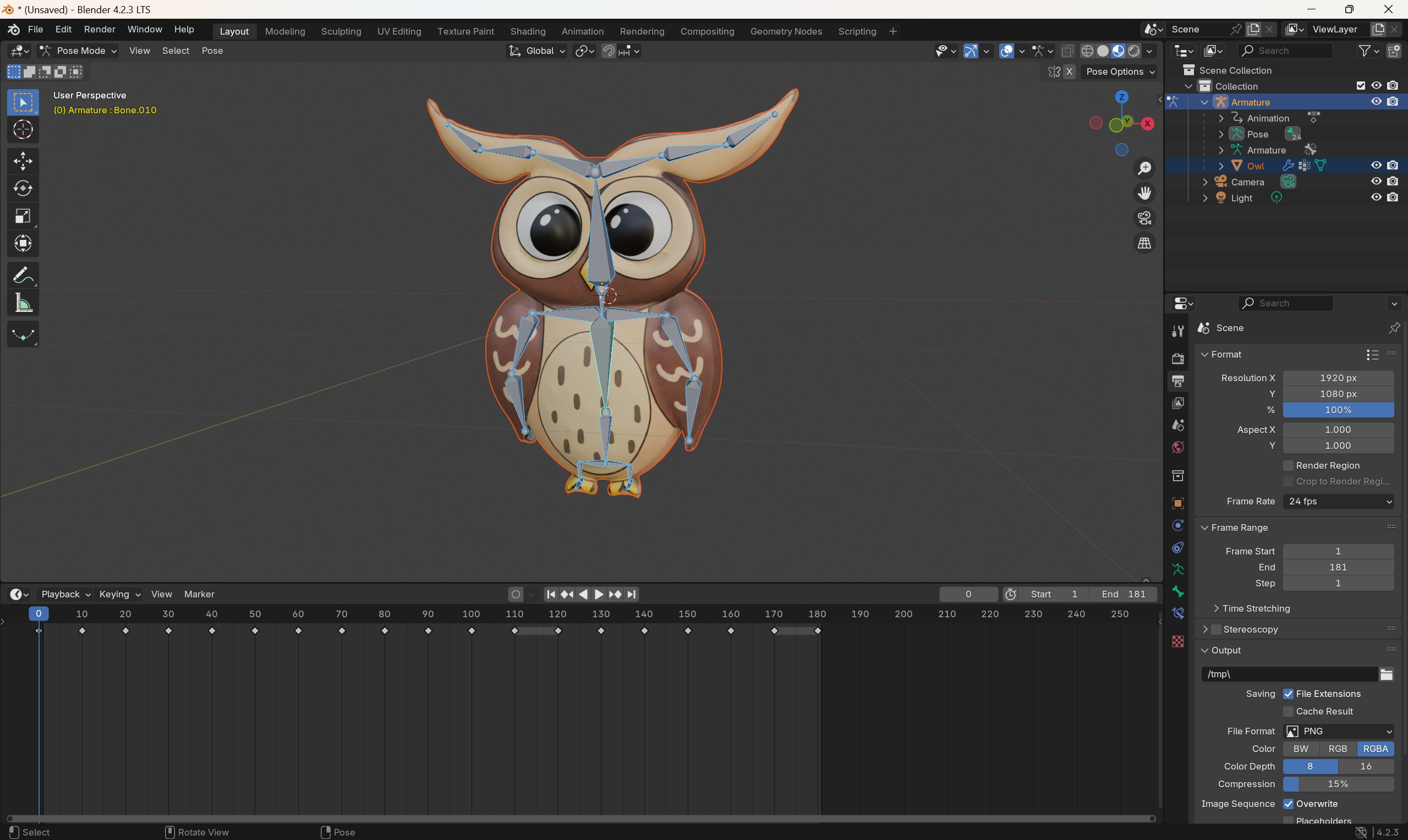 Figure 15.14 – Simple armature rig animation for the Owl character, showcasing software proficiency.