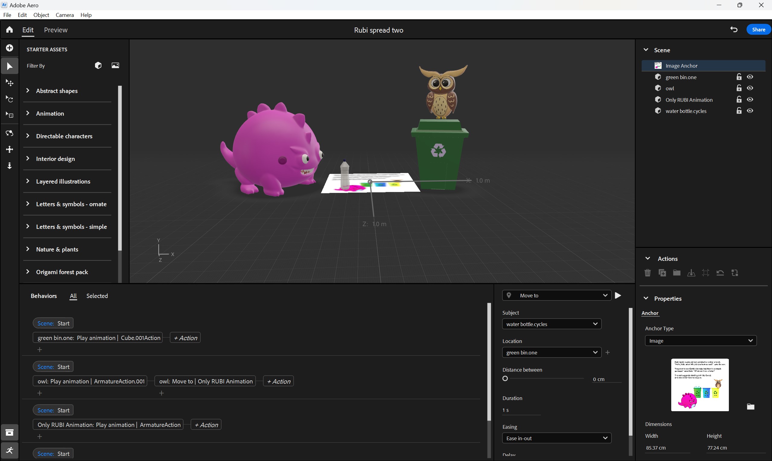 Figure 15.15 – Importing 3D models and creating animations for the second spread of the AR book experience in Adobe Aero, showcasing software proficiency.