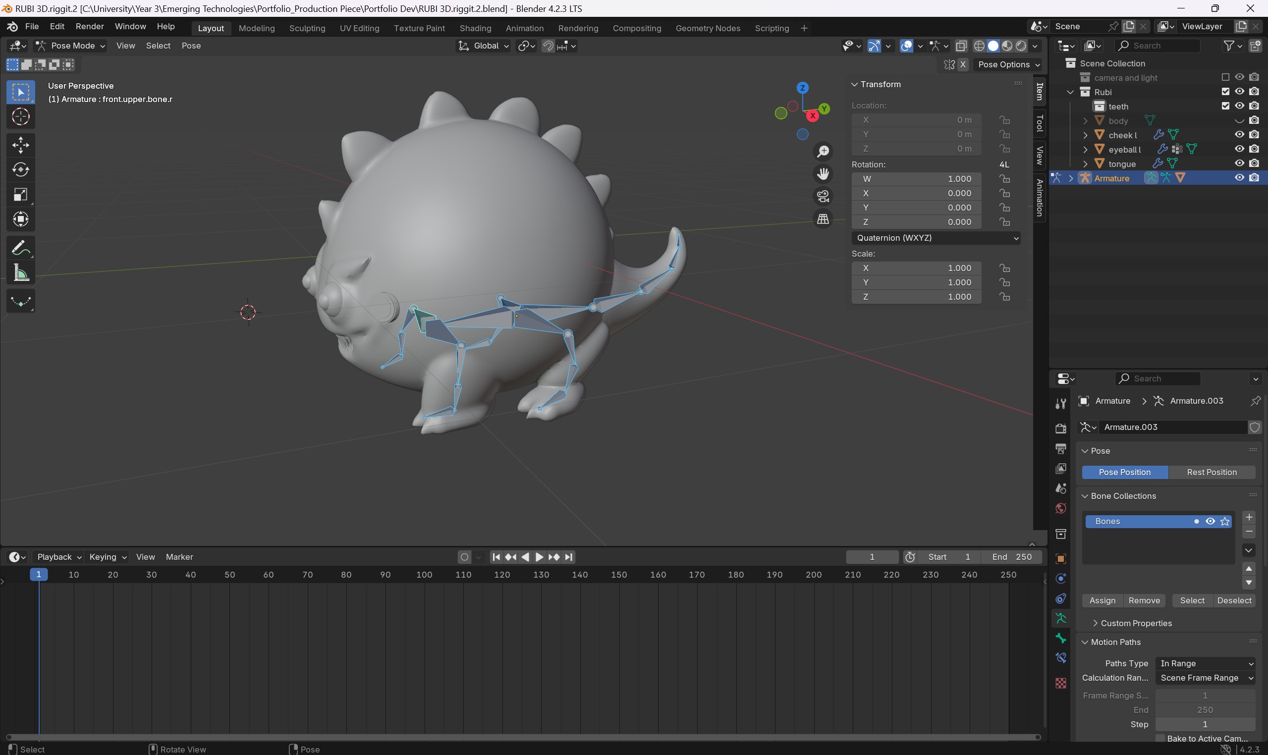 Figure 15.9 – Simple armature animation for the main character, demonstrating software proficiency.