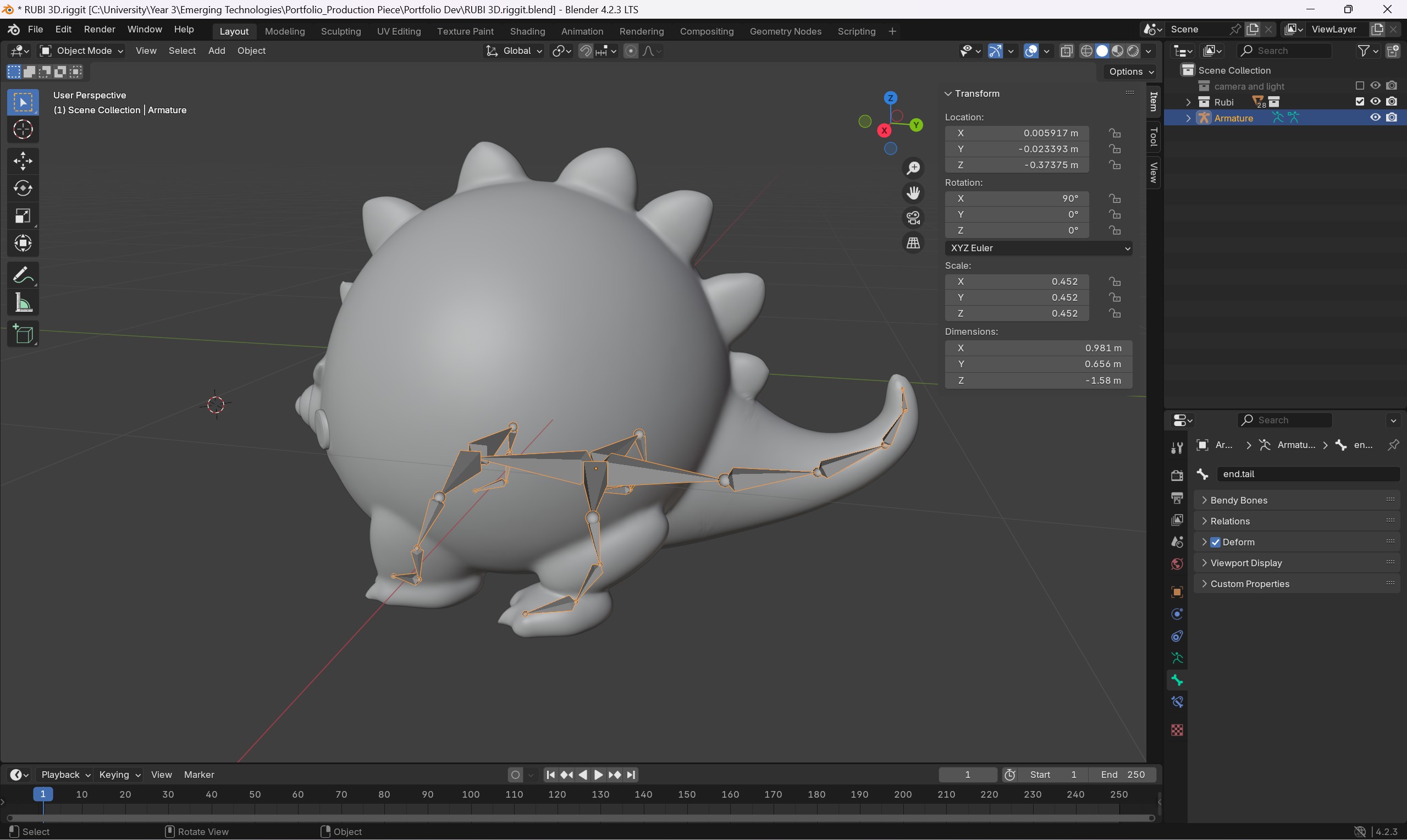 Figure 15.8 – Creation of a basic armature rig for the main character in Blender, demonstrating software proficiency.