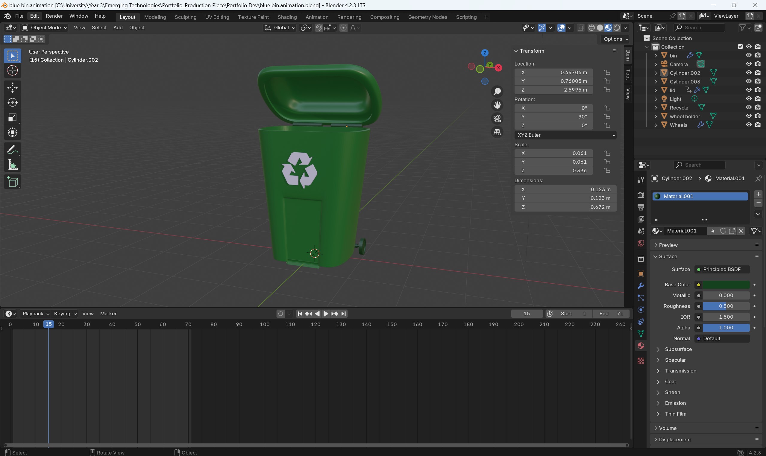 Figure 15.21 – Modeling a recycling bin and making simple animation with the lid in Blender, showcasing software proficiency.